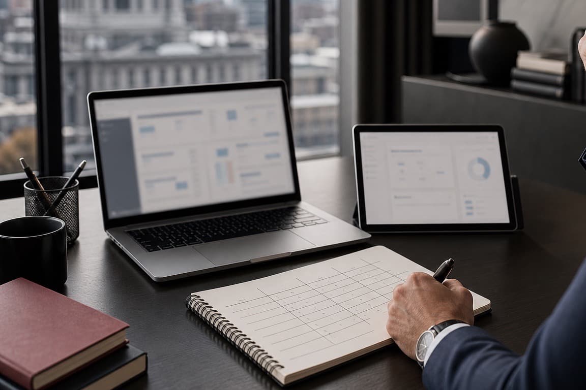Un poste de travail d’avocat à Montréal : un ordinateur portable affichant un tableau de bord sans marque, une tablette et un calendrier papier.