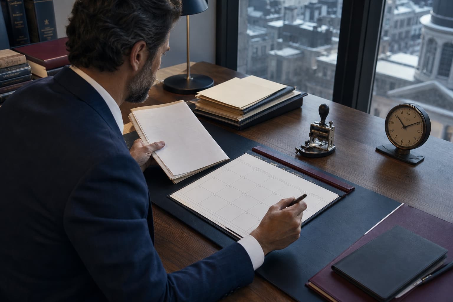 Un avocat québécois vérifie un calendrier et un dossier afin de calculer un délai de procédure civile.