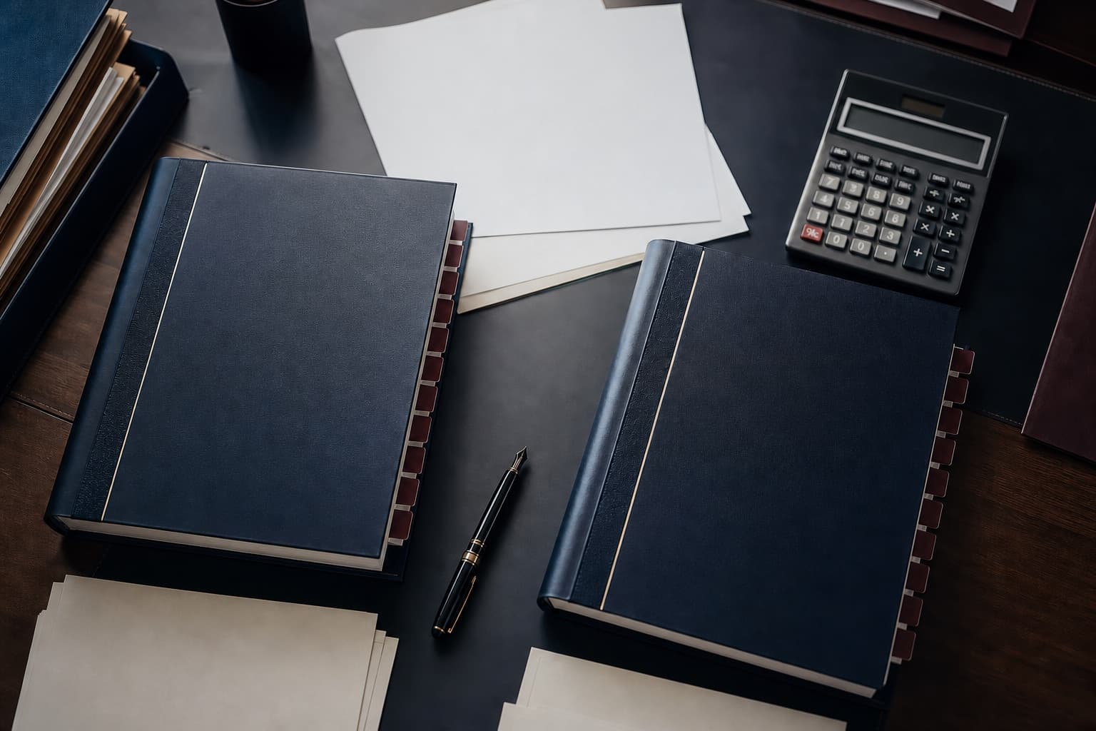 Deux registres comptables séparés sur un bureau illustrent la distinction entre administration et fidéicommis.