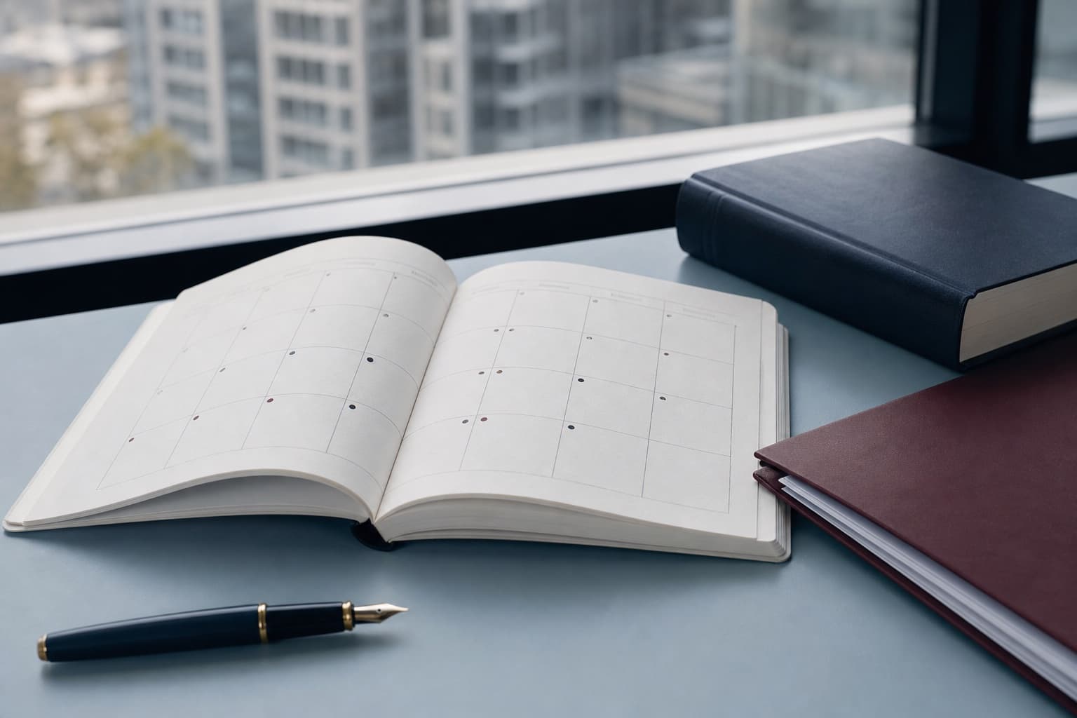 An open paper calendar, a legal reference book and burgundy files on an organized desk.