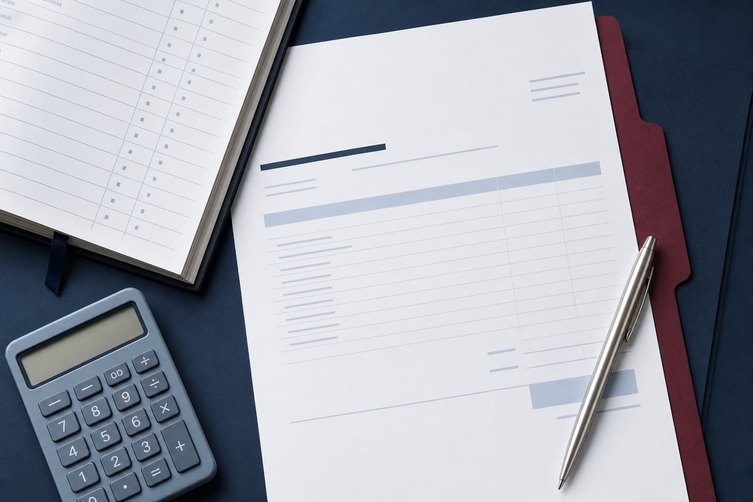 An invoice with no readable information, a time notebook, a calculator and a burgundy folder.