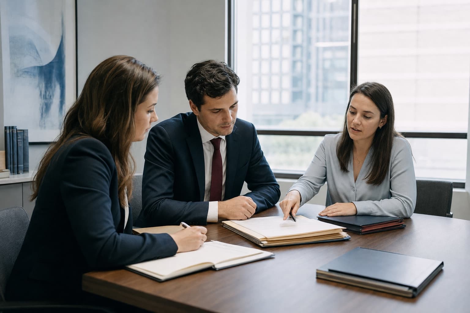Two lawyers and a legal assistant work together around case files at a small firm.